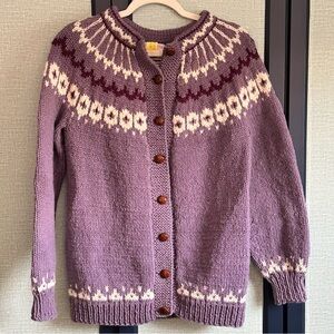 Hand Knit Purple + White Fair Isle Cardigan Sweater with Wood Buttons, Size M/L